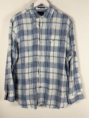 Tommy Bahama Men’s Blue White Plaid 100% Linen Long Sleeve Button-Up Shirt Large